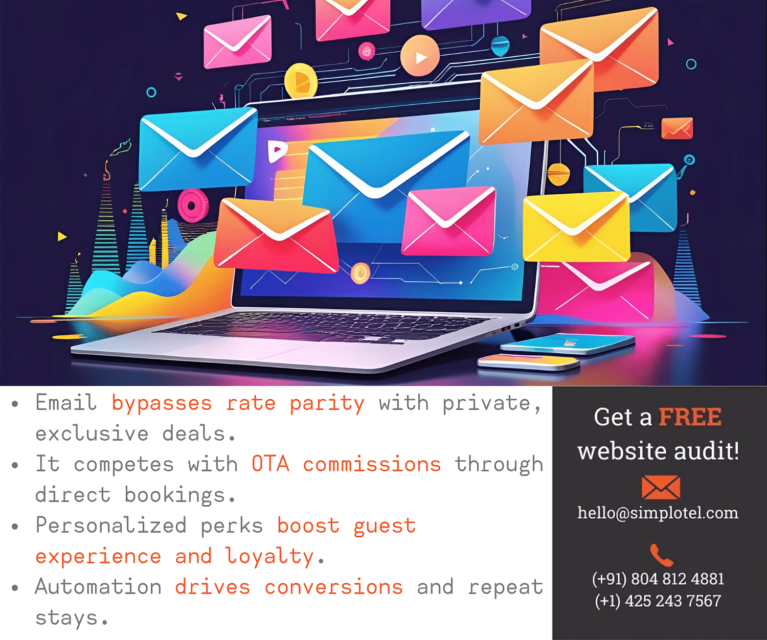 A laptop screen displays an email interface, surrounded by colourful envelopes, illustrating email marketing benefits for hotels