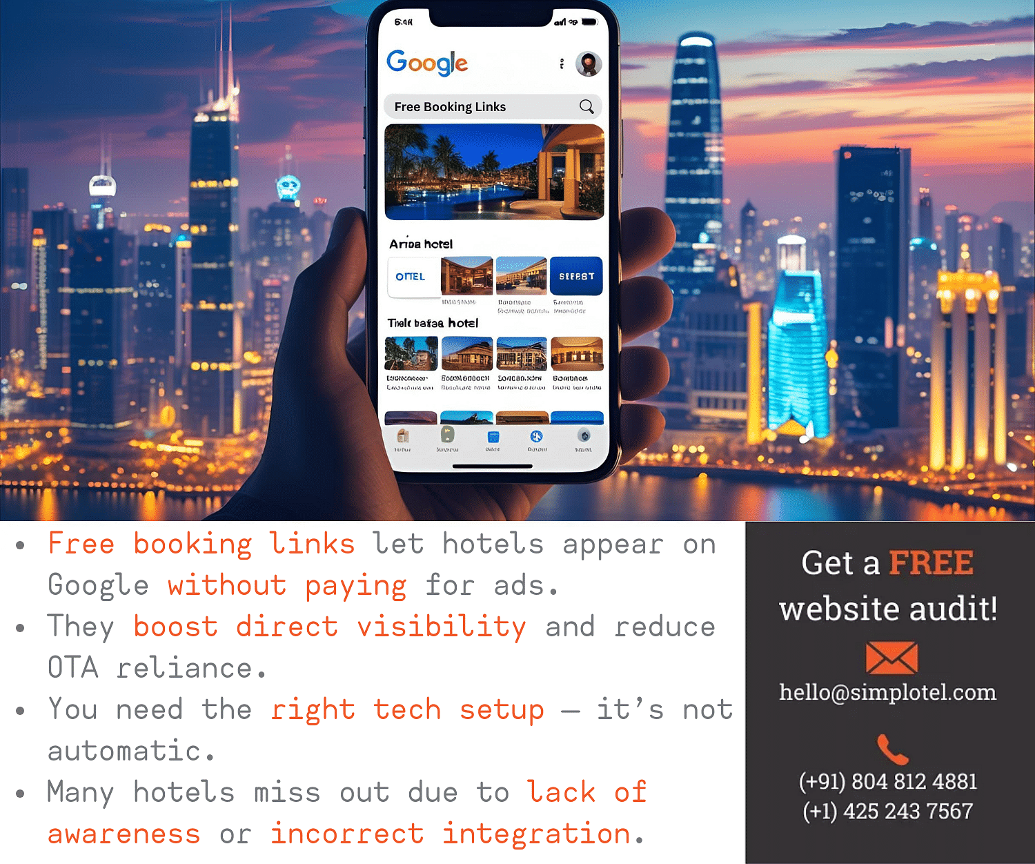 A hand holding a phone with the screen displaying different hotels.