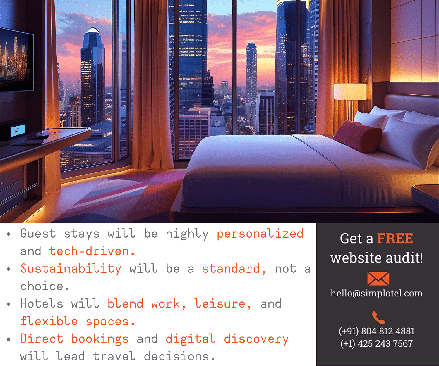 A modern hotel room with skyline views at sunset, featuring bullet points on 2030 hospitality trends and a callout for a free website audit by Simplotel.