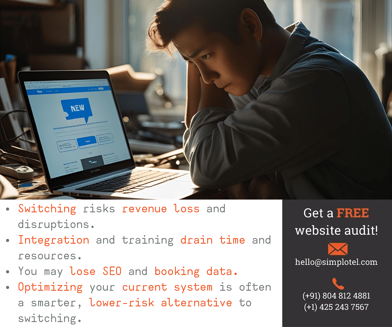 Poster featuring a concerned man looking at a laptop with a 'NEW' system on screen. It warns of risks like revenue loss and data disruption when switching booking engines, and suggests optimizing the current system. Includes a call-to-action for a free web