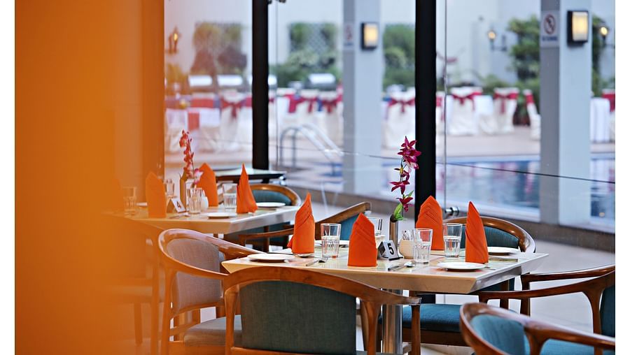 seating area overlooking the pool at Cascades restaurant in Vizag 2