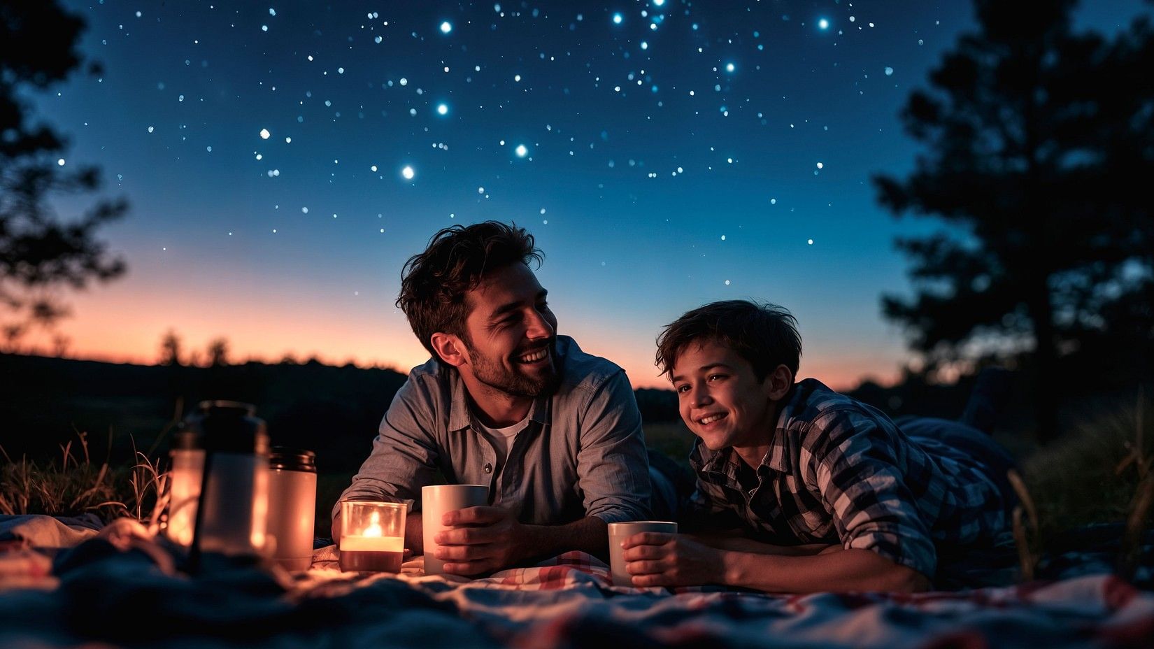 Two individuals sitting by a campfire under a starry night sky in a forest.