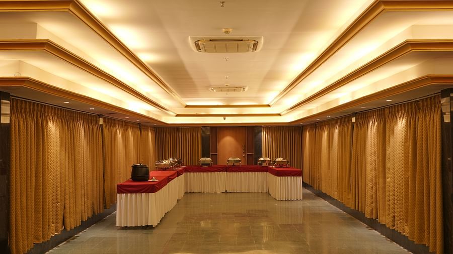 Fron view of the l-shaped seating at Moti Mahal, our in-house banquet hall at The Garden Ananta Elite, Rajkot 5