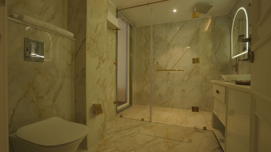 Marble bathroom with a walk-in shower, bidet, and sleek vanity area - Mayfair Cafe & Suites, Dalhousie