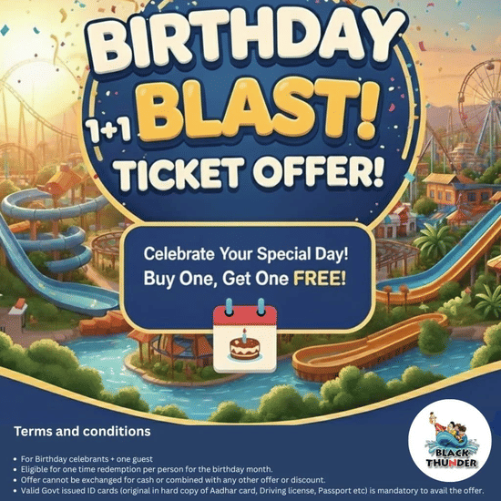 A promotional poster for Black Thunder displaying a birthday blast buy one get one ticket offer with a circular badge, confetti elements, and a water park illustration in the background.