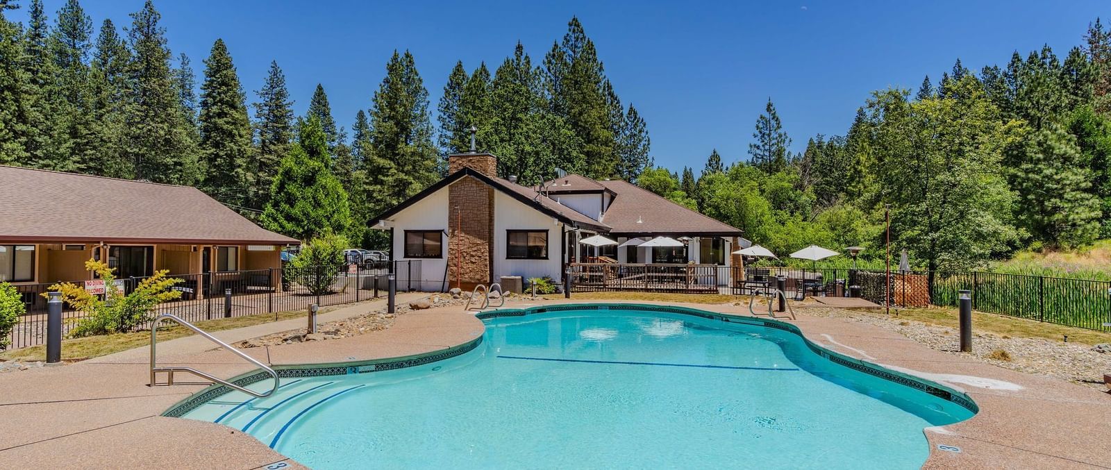 A view of the outdoor swimming pool at Amador Hotel with a cabin in the woods in the backdrop.