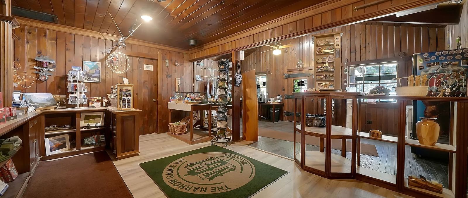 Interiors of a gift shop at Narrow Gauge Inn with a wooden theme.