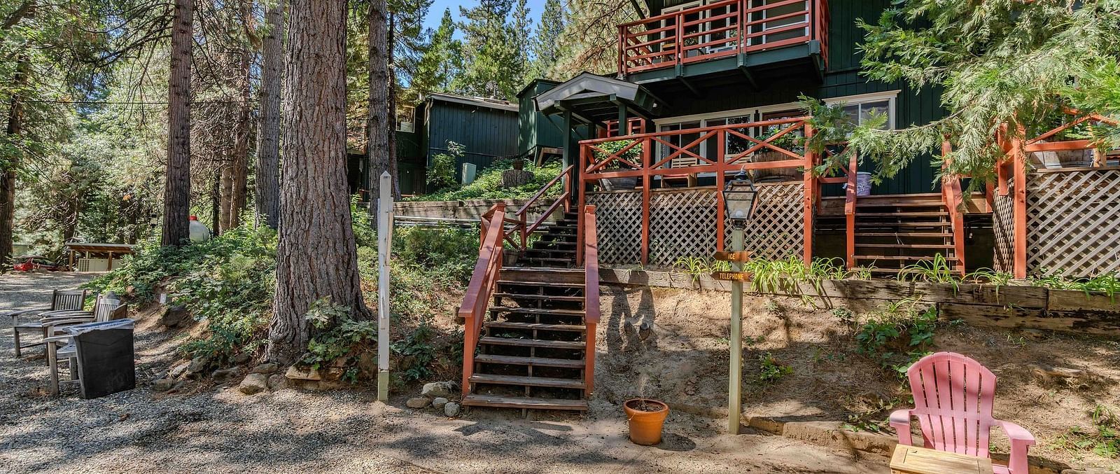 A view of a cabin in the woods