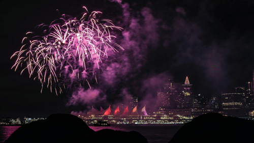 fireworks lighting up the night sky with different colours as seen from the shore of a river
