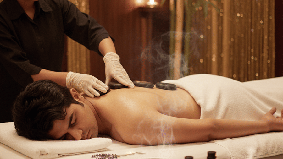 Therapist giving a relaxing back massage to a woman in a warm, candle-lit spa room at Bamboo Saa Sunrrise Wedding & Wellness Resort, Jaipur.