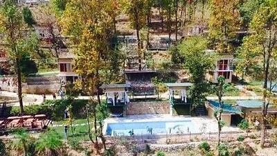 bird's eye view of swimming pool and gazebos at The Sal Woods Forest Retreat & Spa