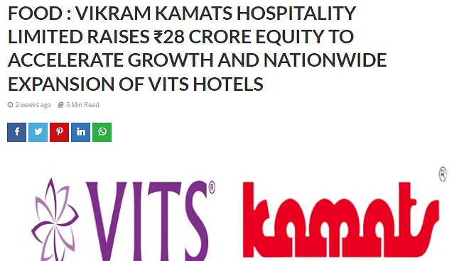 A snippet image of The Travel and Tourism Times article on VITS Kamats which says thatVIKRAM KAMATS HOSPITALITY LIMITED RAISES ?28 CRORE EQUITY TO ACCELERATE GROWTH AND NATIONWIDE EXPANSION OF VITS HOTELS