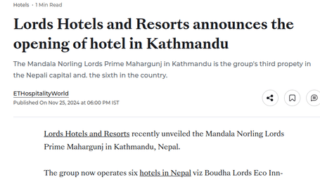 A news article on Lords Hotels and Resorts opening a new hotel in Kathmandu