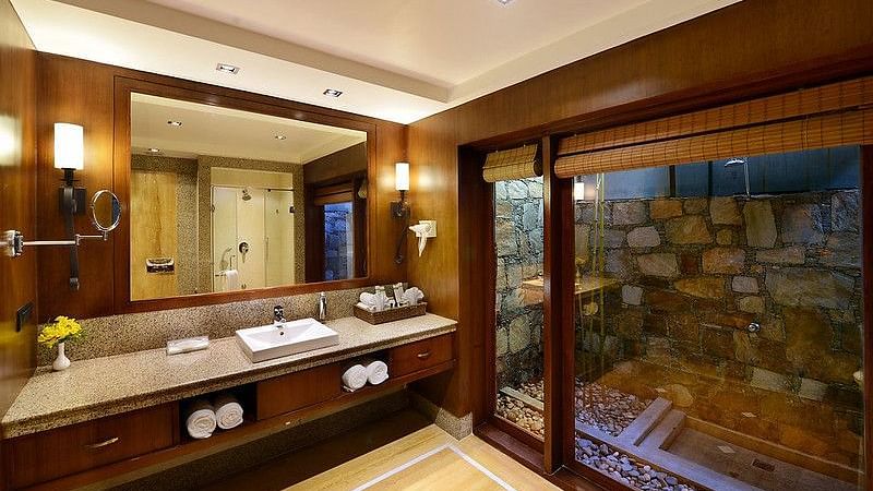 The interiors of the bathroom at our super deluxe rooms in Pushkar with a shower cubicle 