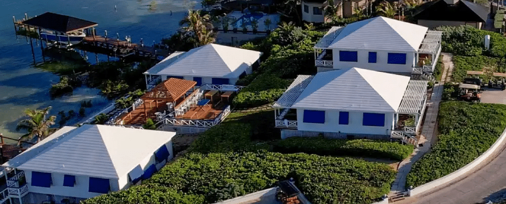 Aerial view of coastal houses near the beach, including green lawns and palm-lined pathways | Abaco Inn