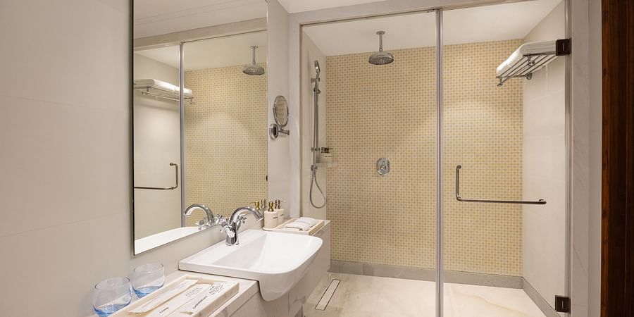 Modern bathroom with a glass shower, white sink on a marble counter, and a large mirror - Aloha On the Ganges.
