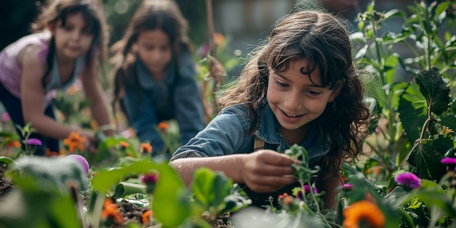 alt-text A child kneels in a garden, gazing intently at a vibrant flower. The focus is on the child's curious expression, highlighting their wonder and fascination with nature. Soft sunlight filters through the leaves, creating a warm and inviting atmosphere.