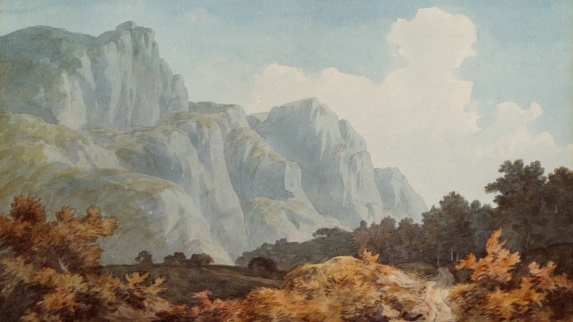 a painting of a mountain in the background, trees in the foreground and a pathway in the middle