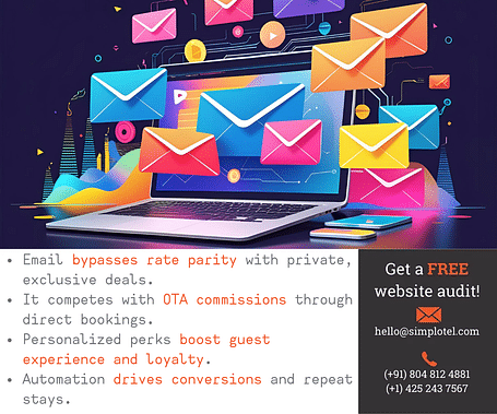 A laptop screen displays an email interface, surrounded by colourful envelopes, illustrating email marketing benefits for hotels