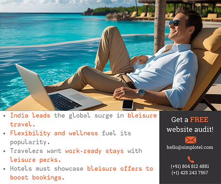A relaxed businessman working poolside at a luxury resort, representing the rise of bleisure travel with points highlighting trends like flexibility, wellness, and work-ready stays with leisure perks.