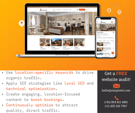 Promotional graphic with a laptop and smartphone displaying a hotel website on an orange background. The text highlights SEO services such as applying SEO strategies, creating keyword-focused content, and boosting bookings.