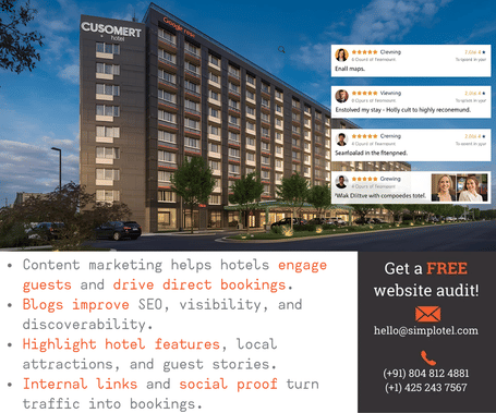 Poster showing a hotel building with customer reviews and marketing tips. It highlights how content marketing helps hotels increase bookings, improve SEO, showcase features, and use social proof, with contact details for a free website audit.