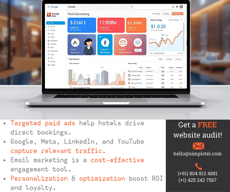 Laptop screen displaying analytics dashboard with graphs and stats. Marketing tips listed beside and offer for free website audit shown on the side panel.