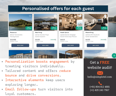 Website showing personalized hotel offers with images, prices, and booking buttons, highlighting engagement, tailored content, and email follow-ups.