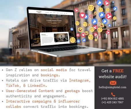 A laptop displaying Simplotel's website beside a colourful building exterior, showcasing digital hospitality solutions for hotels.