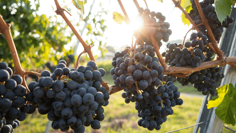 A close up of a bunch of grapes growing on the vines in a vineyard with the sun shining through them and a lawn area at the bottom.