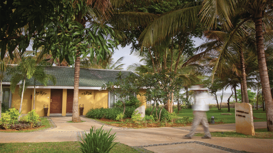 A walkway leading to a building at The Serai Kabini, surrounded by palm trees, plants, and greenery, with a person walking near the entrance.