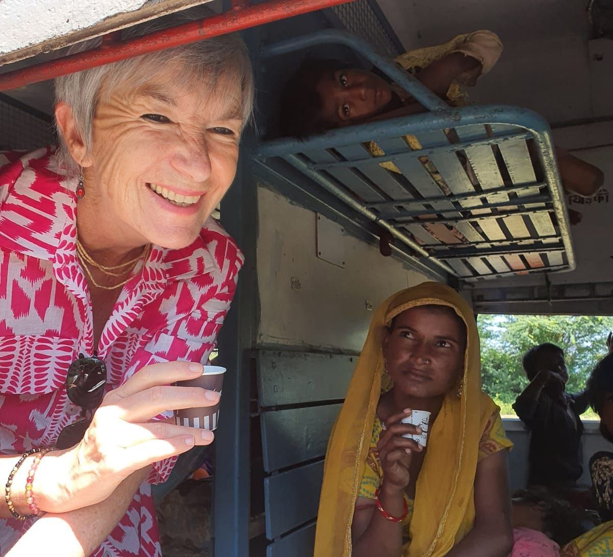 foreign Tourists travelling in a local train in rajasthan
