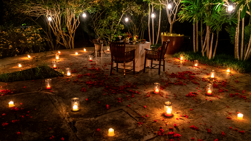 Romantic candlelight dining experience set amidst the forest at The Serai Bandipur.
