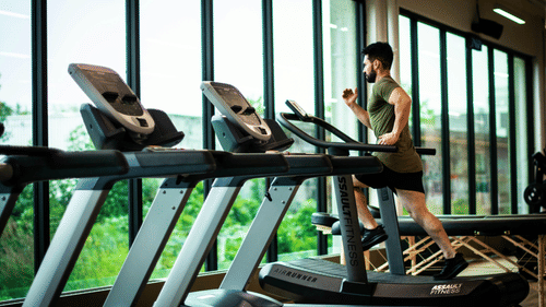 Modern fitness centre with treadmills and floor-to-ceiling glass windows.