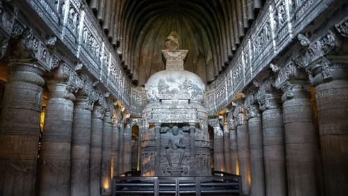 The grand stupa at the Ajanta Caves in Maharashtra