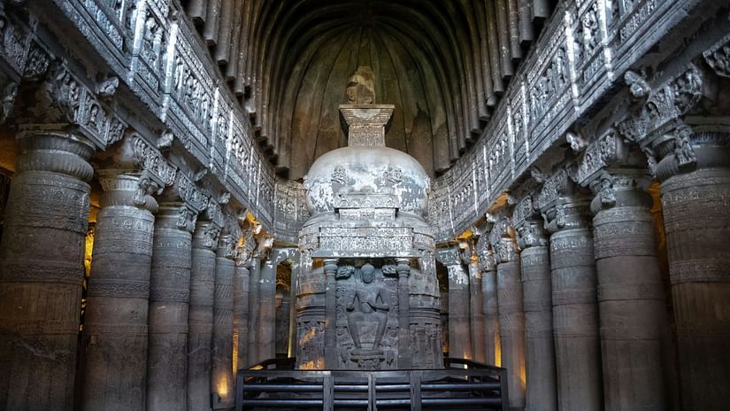 The grand stupa at the Ajanta Caves in Maharashtra