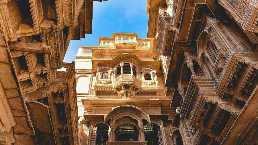 An overview of a Haveli in Rajasthan as seen from below with intricate architecture