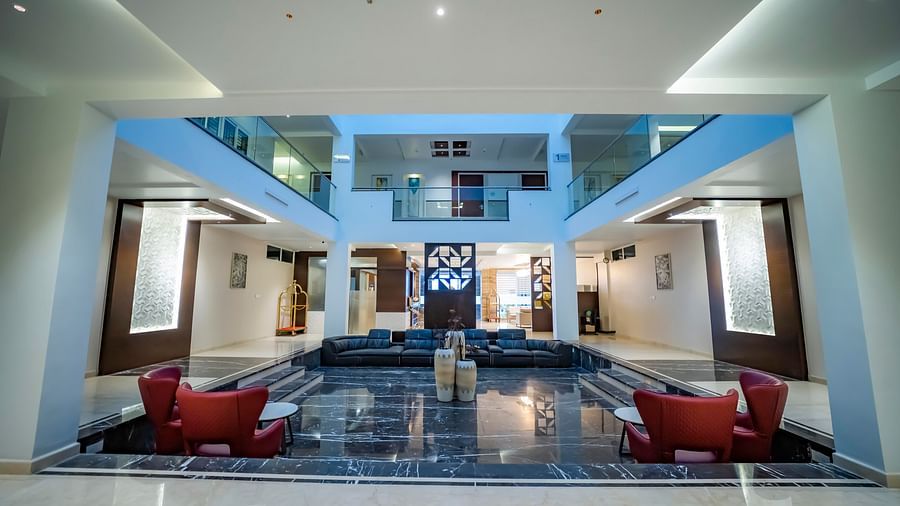 A front view of seating area in the lobby