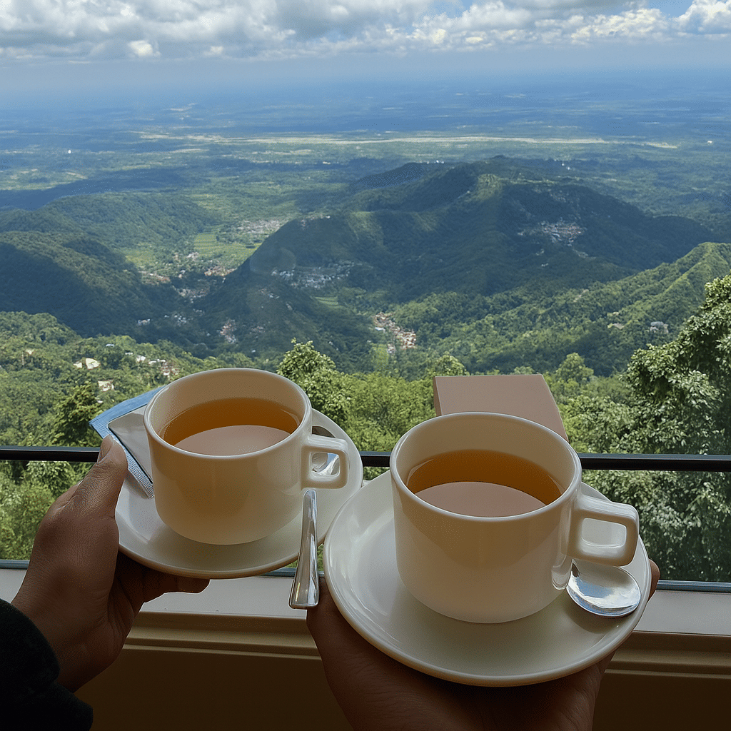 Two cups of tea with a breathtaking panoramic view of Darjeeling mountains and valleys under a clear blue sky.