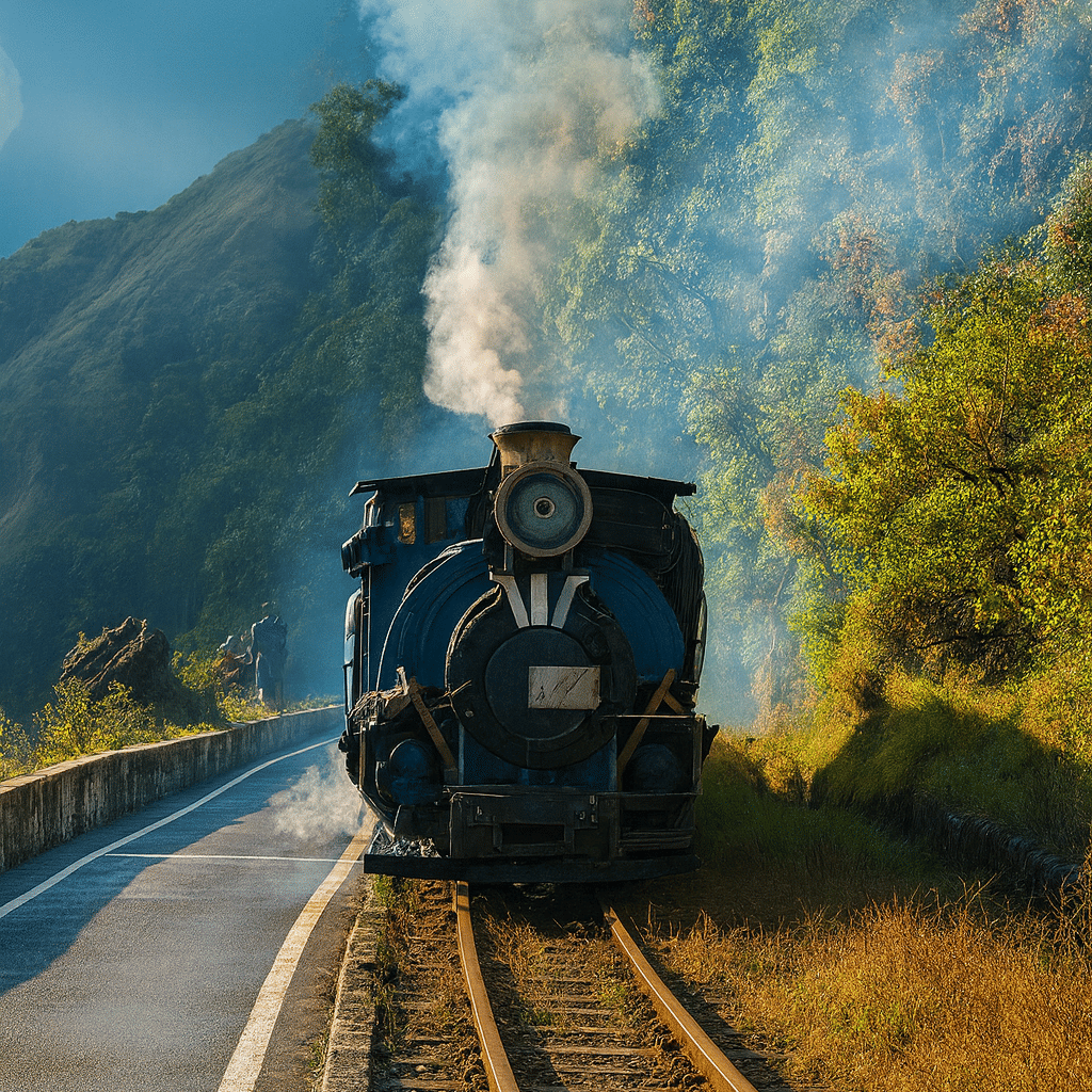 Darjeeling toy train with mountain view