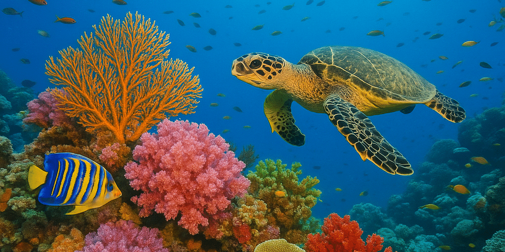 Underwater coral reef scene with a sea turtle and colourful tropical fish swimming among vibrant corals.