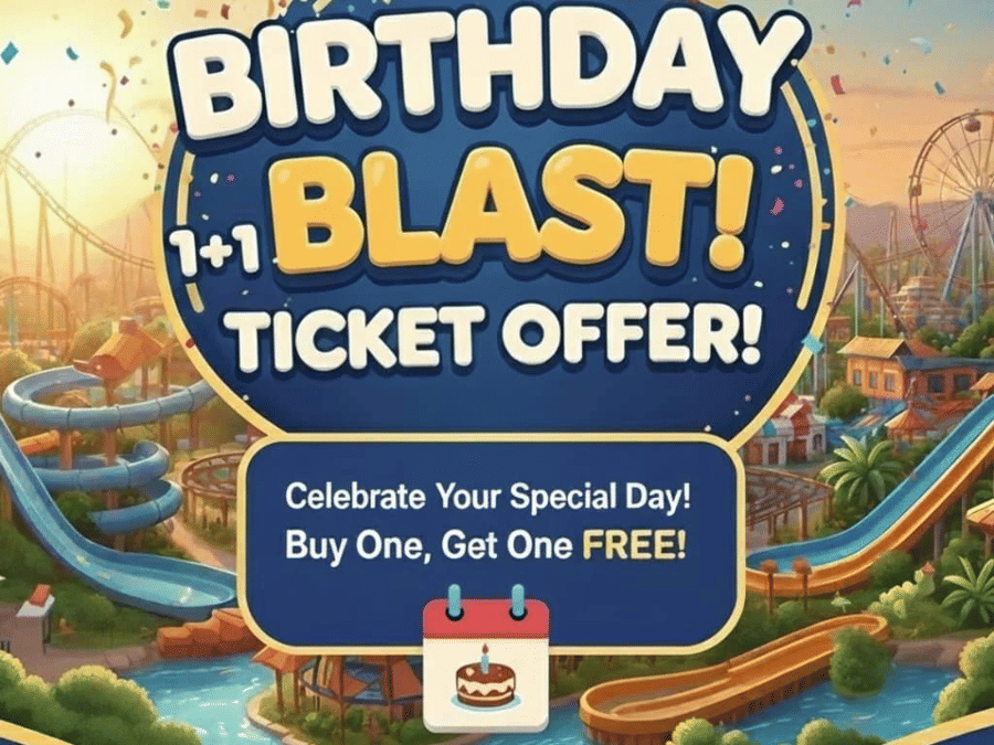 A promotional poster for Black Thunder displaying a birthday blast buy one get one ticket offer with a circular badge, confetti elements, and a water park illustration in the background.