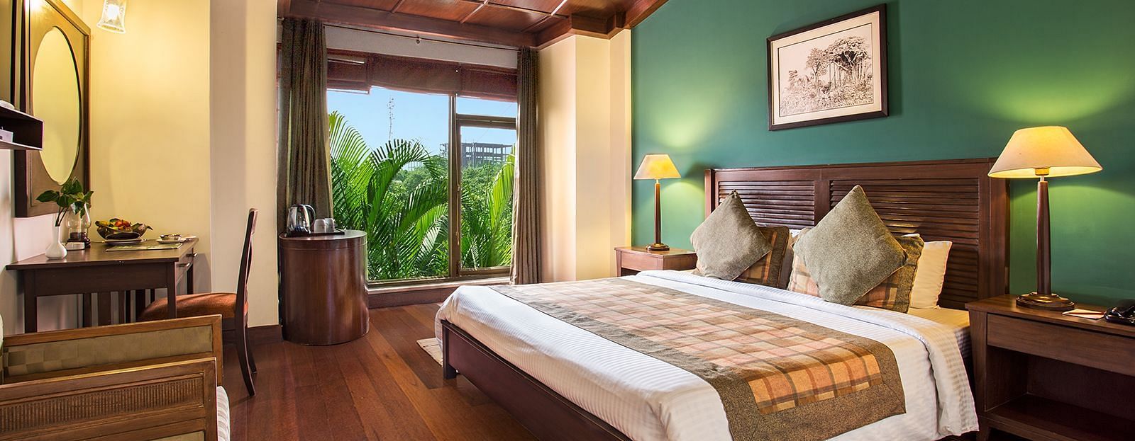 An image of a bedroom with king size bed, bedside table and lamp,  flat TV screen,  a cabinet , fan, and an open window - The Riverview Retreat, Corbett