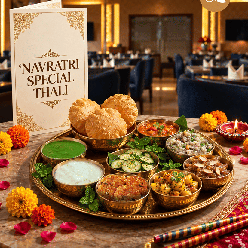 Navratri Special Thali at Tiffany Blues, Pride Hotel and Convention Centre, Indore, featuring a festive spread of Indian dishes served in traditional brass bowls.