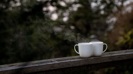cup of tea placed on a wooden railing with misty mountains and trees in the background, capturing a serene moment.