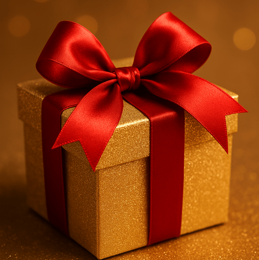 A shiny gold gift box with a bright red satin bow placed on a glittery golden surface.