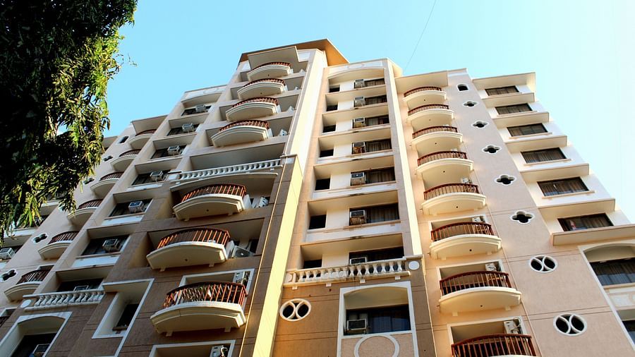 A low-angle shot of the front elevation of the apartment in Marol