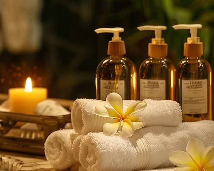 Spa setting with rolled towels, candles, flowers, and pump bottles arranged on a wooden tray.