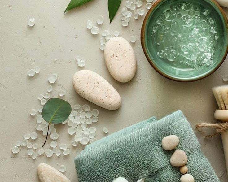 Top view of green spa essentials including bath salts, soap, and candles with white stones and tropical leaves.