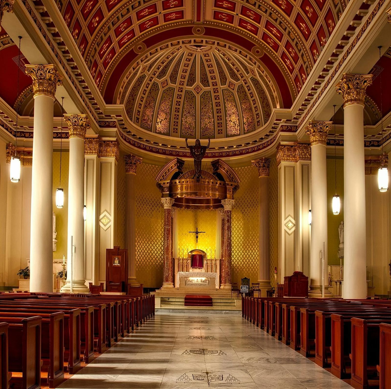 A view of an interior of a church. 